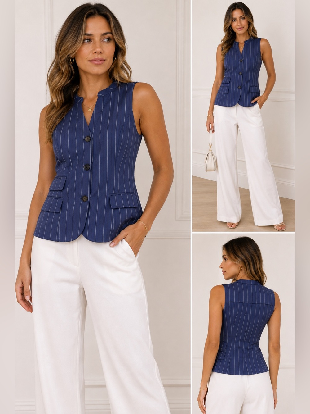 Only Sleeveless Pinstripe Blazer Vest in Blue